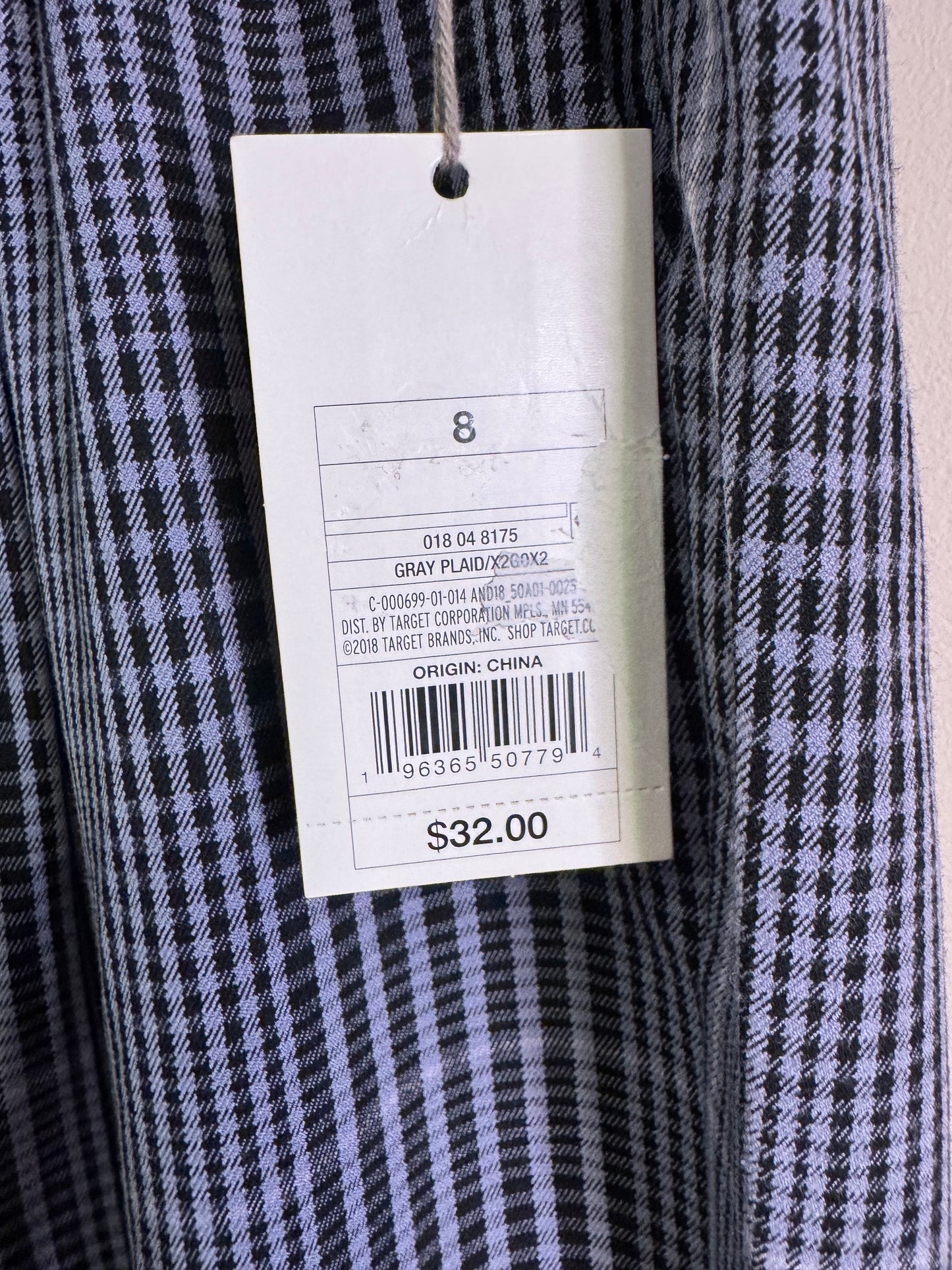 Grey lavender plaid pant - size 8 NWT