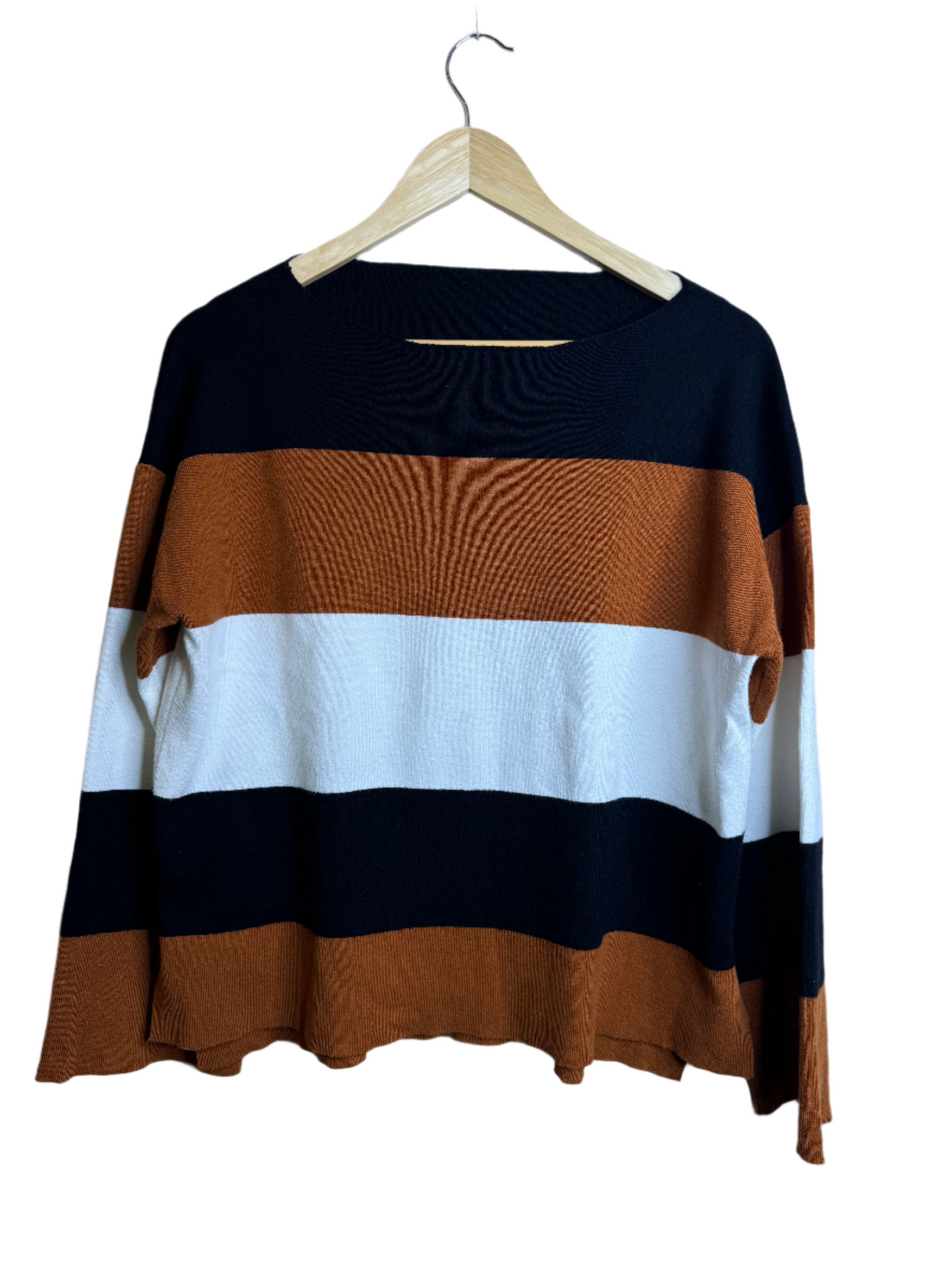 black, cream, brown stripe sweater - medium