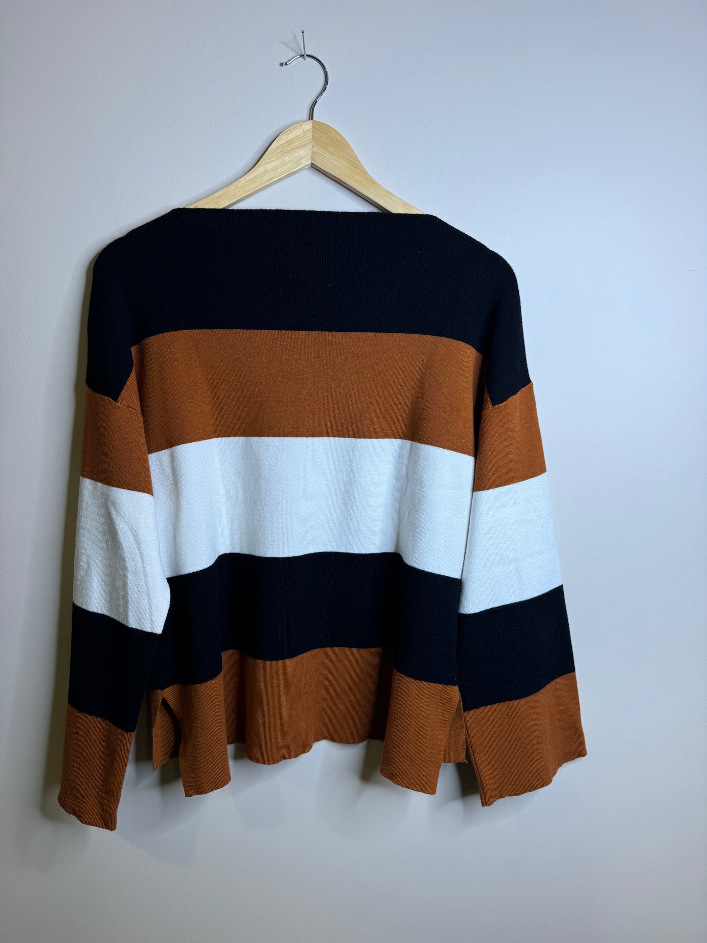 black, cream, brown stripe sweater - medium