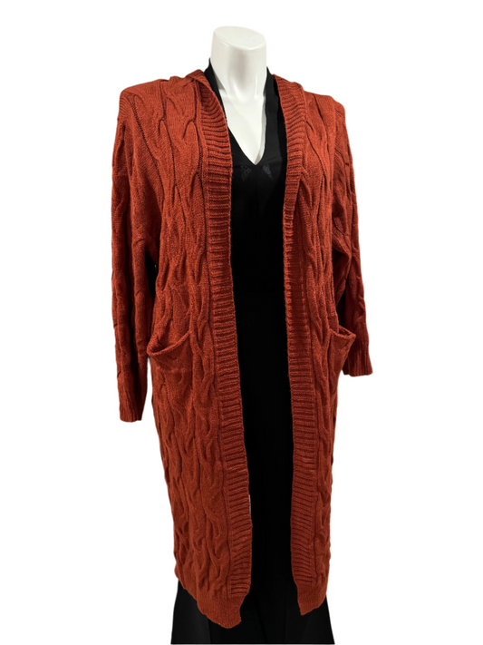 LONG chunky rust cable knit cardigan - size XL