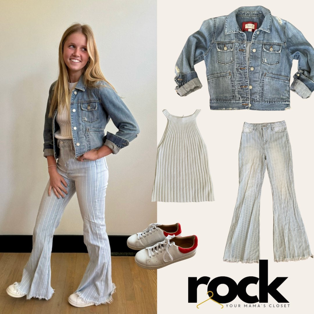 striped denim flare jeans - size 8 fits smaller!