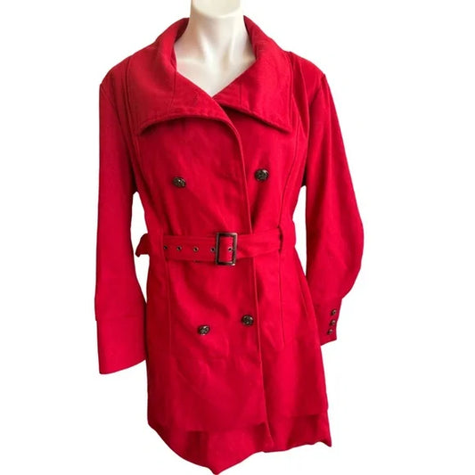 Vintage soft red wool blend belted trench coat - size 1XL